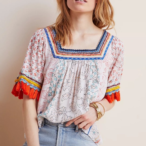 Anthropologie Maeve Paolina Puff Sleeve Tassel Trim Square Neck Blouse XS Petite - Picture 2 of 8